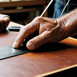 A close-up, high-detail shot of a skilled artisan's hands meticulously performing saddle stitching on a piece of rich, brown leather. The artisan is fully clothed in professional, modest attire. A specialized leather diamond chisel is visible next to perfectly aligned stitch holes. The waxed thread is taut and uniform, creating a beautiful, pearl-like seam. The background shows a clean, well-lit traditional leather workshop workbench with other tools neatly arranged. Perfect anatomy, correct proportions, natural pose, well-formed hands, proper finger count, natural body proportions, professional photography, sharp focus, natural lighting, safe for work, appropriate content, fully clothed, professional.