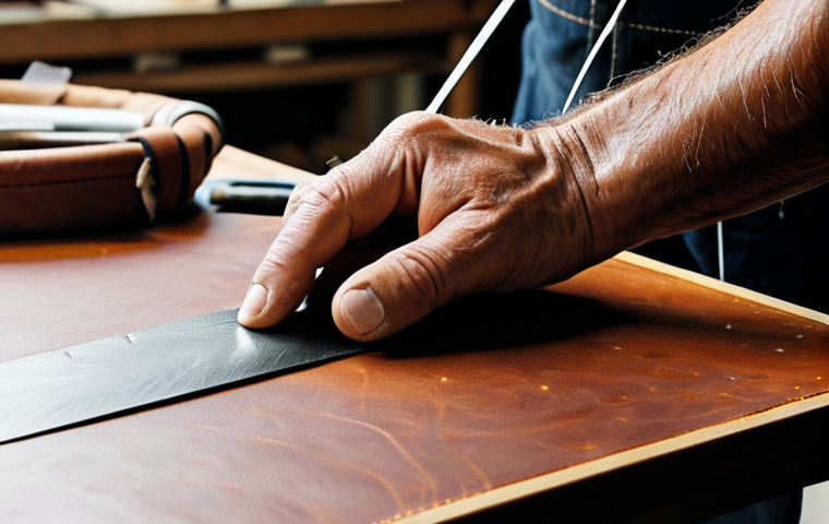 A close-up, high-detail shot of a skilled artisan's hands meticulously performing saddle stitching on a piece of rich, brown leather. The artisan is fully clothed in professional, modest attire. A specialized leather diamond chisel is visible next to perfectly aligned stitch holes. The waxed thread is taut and uniform, creating a beautiful, pearl-like seam. The background shows a clean, well-lit traditional leather workshop workbench with other tools neatly arranged. Perfect anatomy, correct proportions, natural pose, well-formed hands, proper finger count, natural body proportions, professional photography, sharp focus, natural lighting, safe for work, appropriate content, fully clothed, professional.