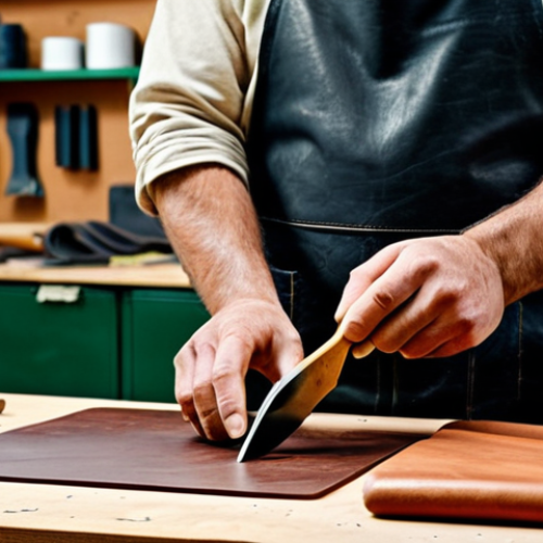 Leatherworker at Workbench**

"A professional leatherworker, fully clothed in appropriate workshop attire, carefully cutting a piece of tan leather at a wooden workbench cluttered with tools. Various leather pieces, thread, and a mallet are visible. Background is a bright and organized workshop. Safe for work, appropriate content, modest, professional, perfect anatomy, correct proportions, well-formed hands, proper finger count, natural body proportions, high quality."

**
