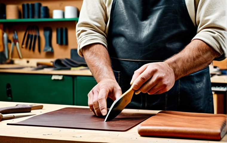 Leatherworker at Workbench**

"A professional leatherworker, fully clothed in appropriate workshop attire, carefully cutting a piece of tan leather at a wooden workbench cluttered with tools. Various leather pieces, thread, and a mallet are visible. Background is a bright and organized workshop. Safe for work, appropriate content, modest, professional, perfect anatomy, correct proportions, well-formed hands, proper finger count, natural body proportions, high quality."

**