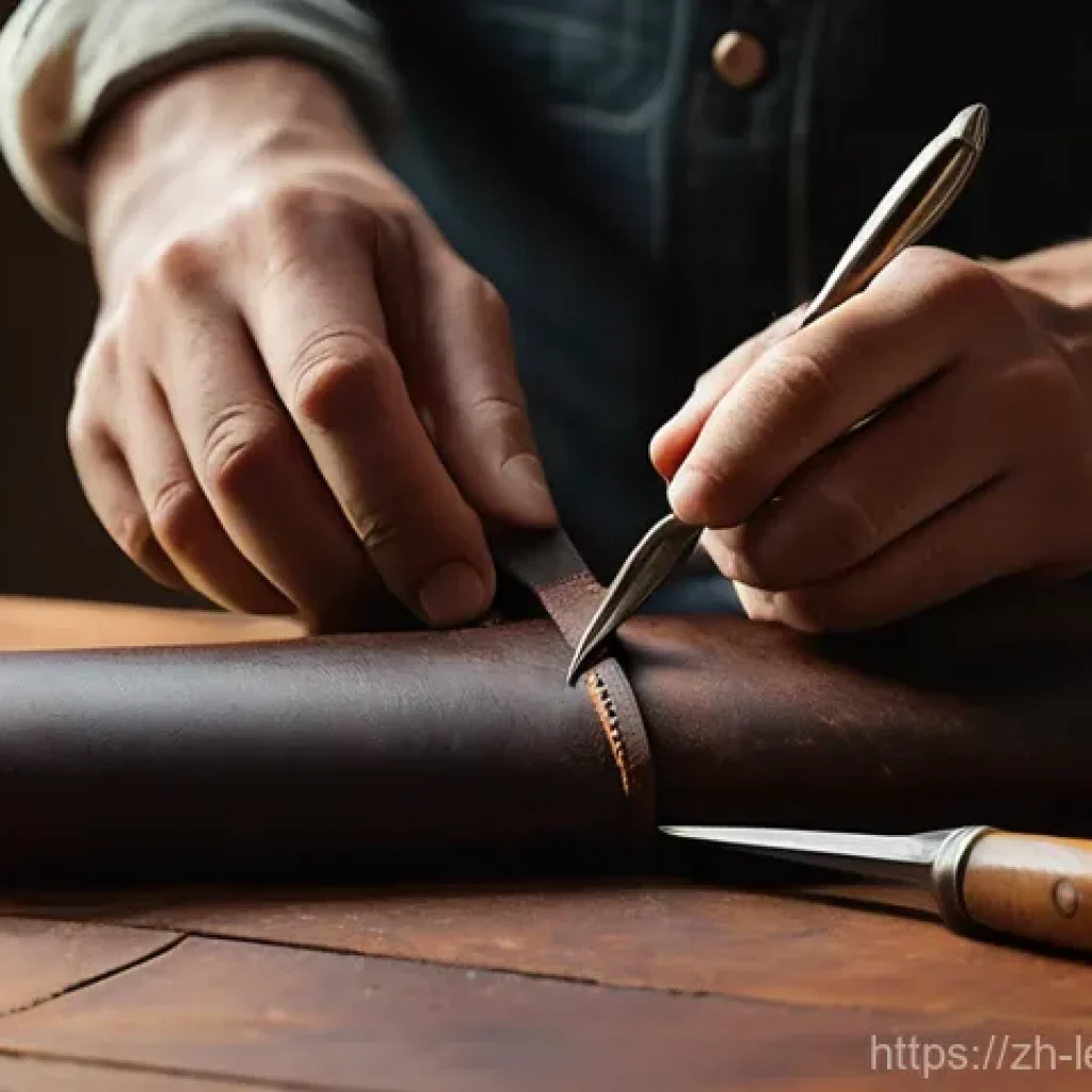 가죽공예 소품 제작법 - **Prompt:** A close-up, warm-toned photograph capturing the focused hands of a person (wearing a sim...