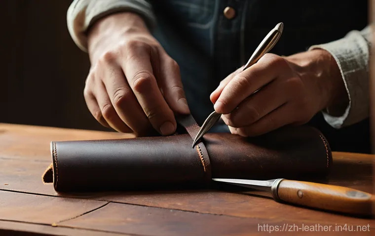 가죽공예 소품 제작법 - **Prompt:** A close-up, warm-toned photograph capturing the focused hands of a person (wearing a sim...