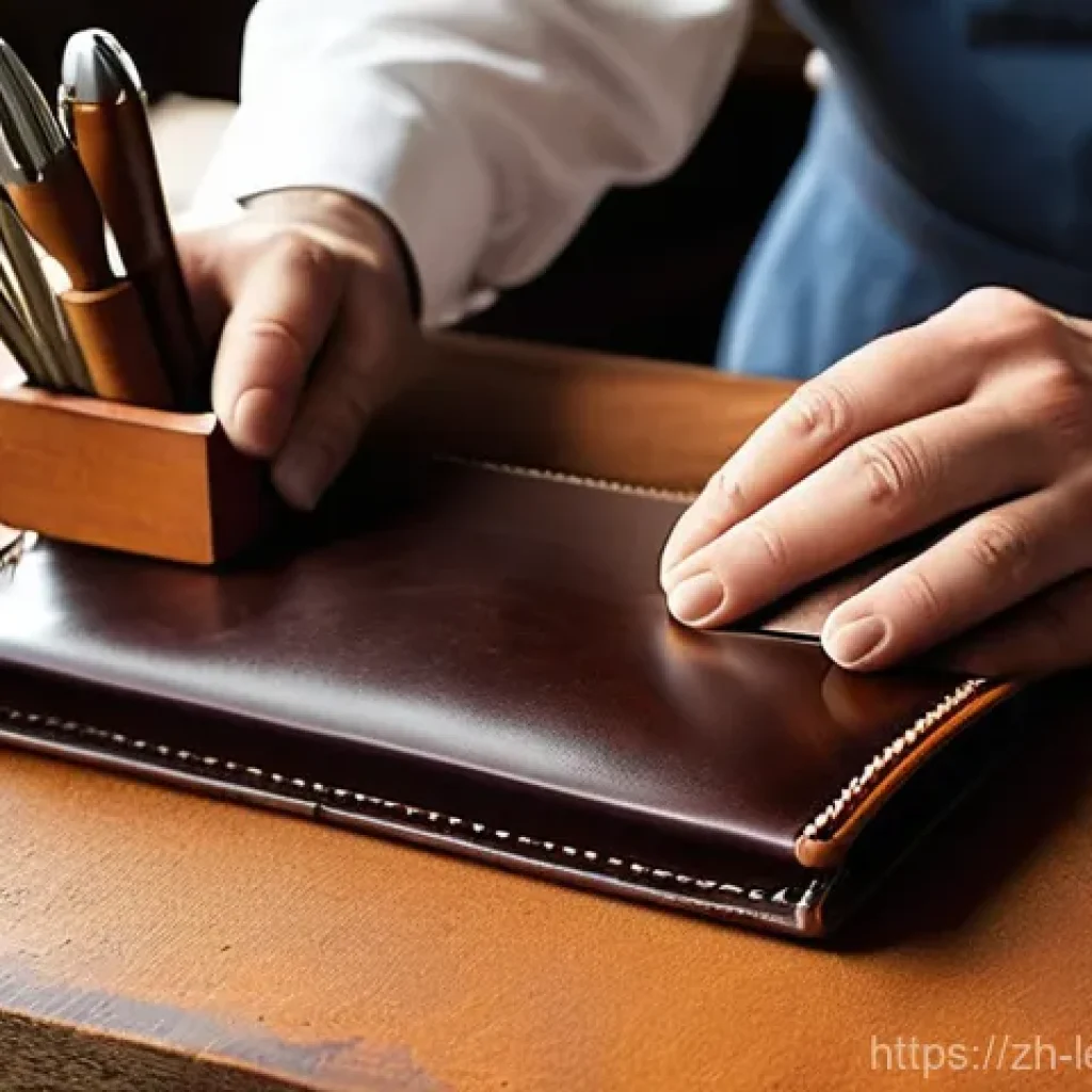 가죽공예 재료 특성 파악 - **Prompt: The Artisan's Touch on Vegetable-Tanned Leather**
A close-up, high-detail shot of skil...