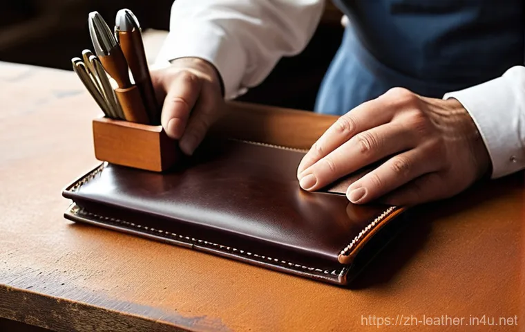 가죽공예 재료 특성 파악 - **Prompt: The Artisan's Touch on Vegetable-Tanned Leather**
    A close-up, high-detail shot of skil...
