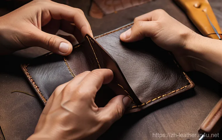 가죽공예 가방 제작법 - **Prompt:** A focused close-up on a person's hands (wearing modest, casual clothing) gently inspecti... 가죽공예 가방 제작법 - **Prompt:** A focused close-up on a person's hands (wearing modest, casual clothing) gently inspecti...