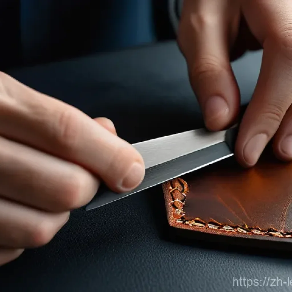가죽공예 대패 정밀 가공 - **Trimming/Beveling:** Hands expertly holding an edge beveler, smoothly removing the sharp corner of...