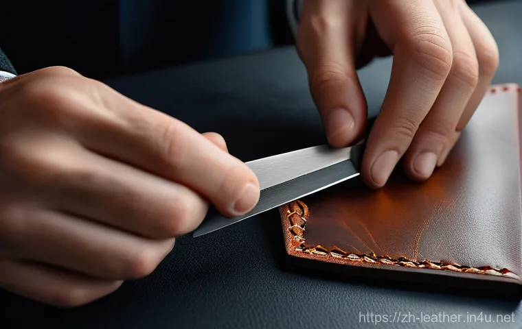 가죽공예 대패 정밀 가공 - **Trimming/Beveling:** Hands expertly holding an edge beveler, smoothly removing the sharp corner of...