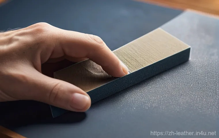 가죽공예 대패 정밀 가공 - **Trimming/Beveling:** Hands expertly holding an edge beveler, smoothly removing the sharp corner of... 가죽공예 대패 정밀 가공 - **Trimming/Beveling:** Hands expertly holding an edge beveler, smoothly removing the sharp corner of...