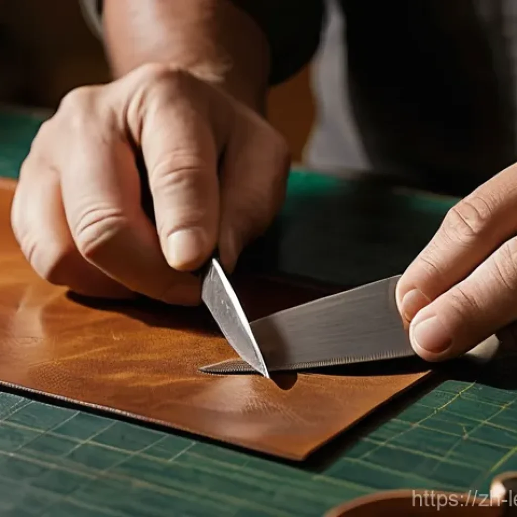 가죽공예 시계 스트랩 만들기 - **Prompt 1: The Art of Leather Cutting**
A close-up, eye-level shot of a craftsman's hands (gend...