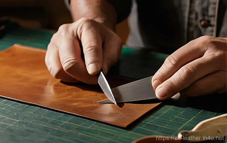 가죽공예 시계 스트랩 만들기 - **Prompt 1: The Art of Leather Cutting**
    A close-up, eye-level shot of a craftsman's hands (gend...