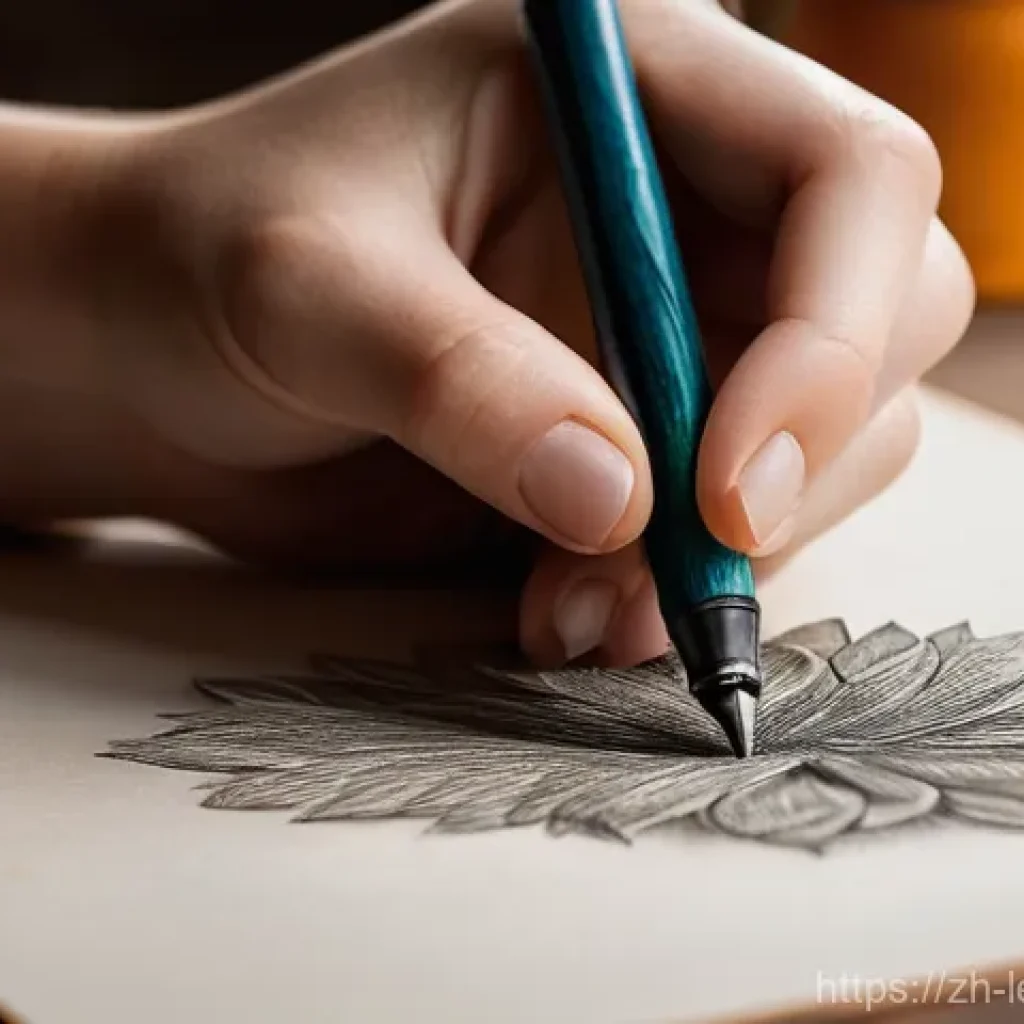 가죽공예 굽기 타입별 도구 사용 - **Prompt 1: Artisan with a Freehand Burning Pen**
    "A close-up, eye-level shot of a female artisa...