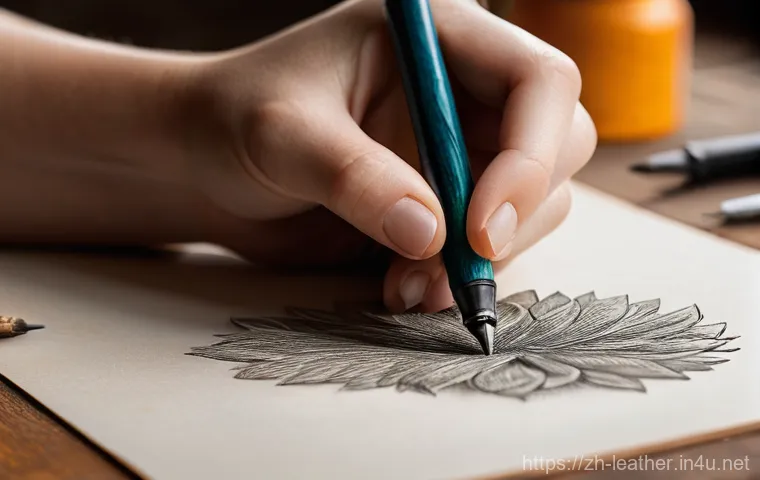 가죽공예 굽기 타입별 도구 사용 - **Prompt 1: Artisan with a Freehand Burning Pen**
    "A close-up, eye-level shot of a female artisa...