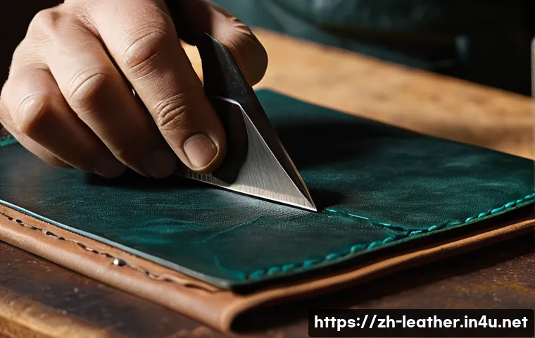 가죽공예 기초 기술 - **Prompt:** A close-up, high-resolution shot of an artisan's hands meticulously engaged in leather c...