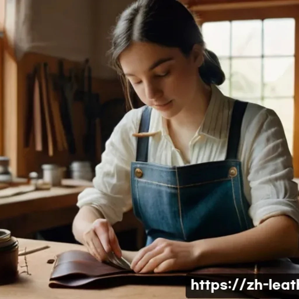 가죽공예 창업 성공 사례 - **Prompt:** "A brightly lit, cozy workshop scene featuring a young woman meticulously hand-stitching...