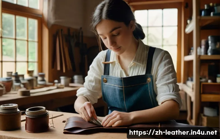 가죽공예 창업 성공 사례 - **Prompt:** "A brightly lit, cozy workshop scene featuring a young woman meticulously hand-stitching...