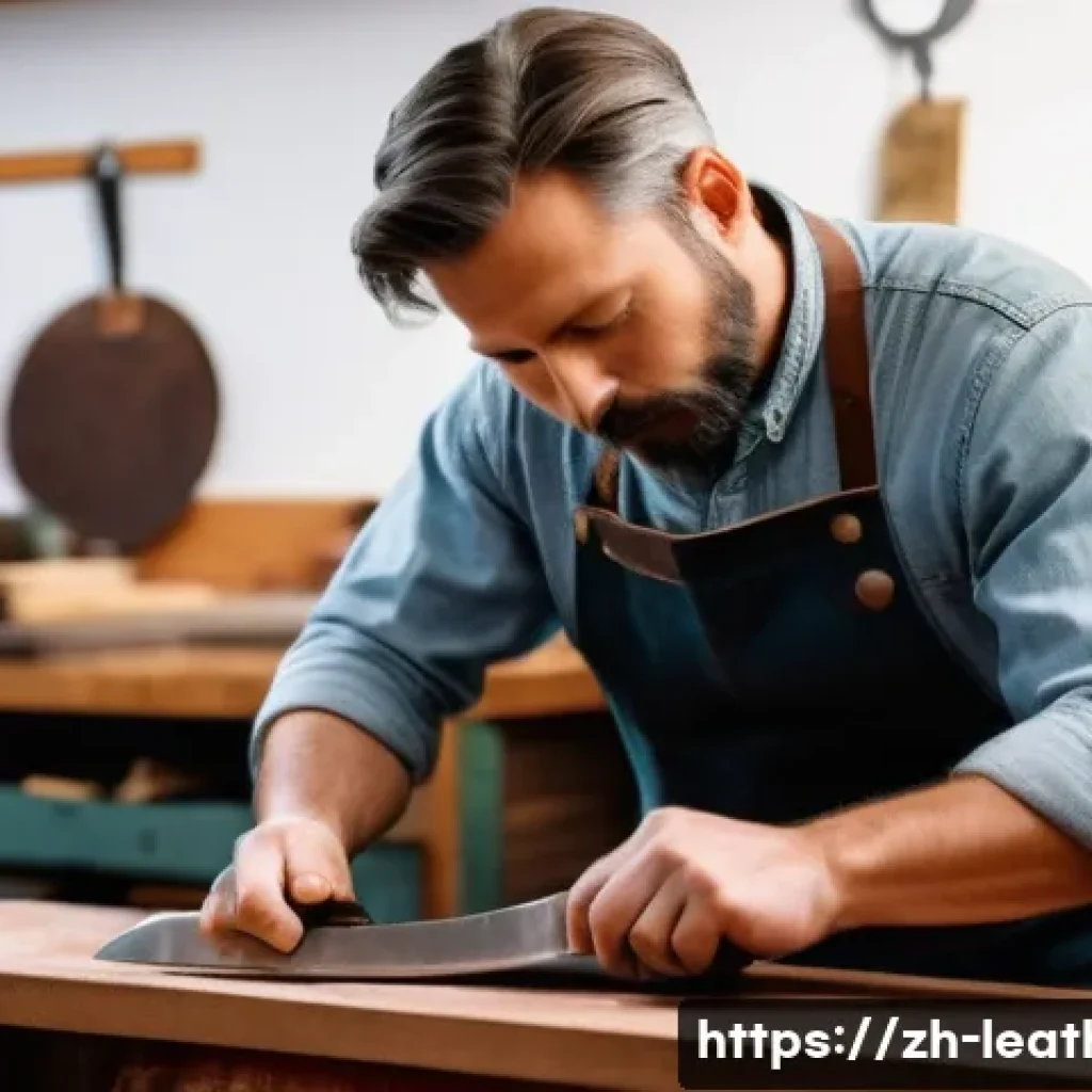 가죽공예 장비 관리 - A focused leather craftsman in a well-lit, tidy workshop is meticulously sharpening a high-carbon st...