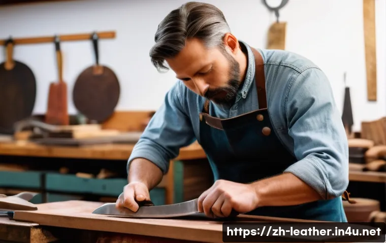 가죽공예 장비 관리 - A focused leather craftsman in a well-lit, tidy workshop is meticulously sharpening a high-carbon st...