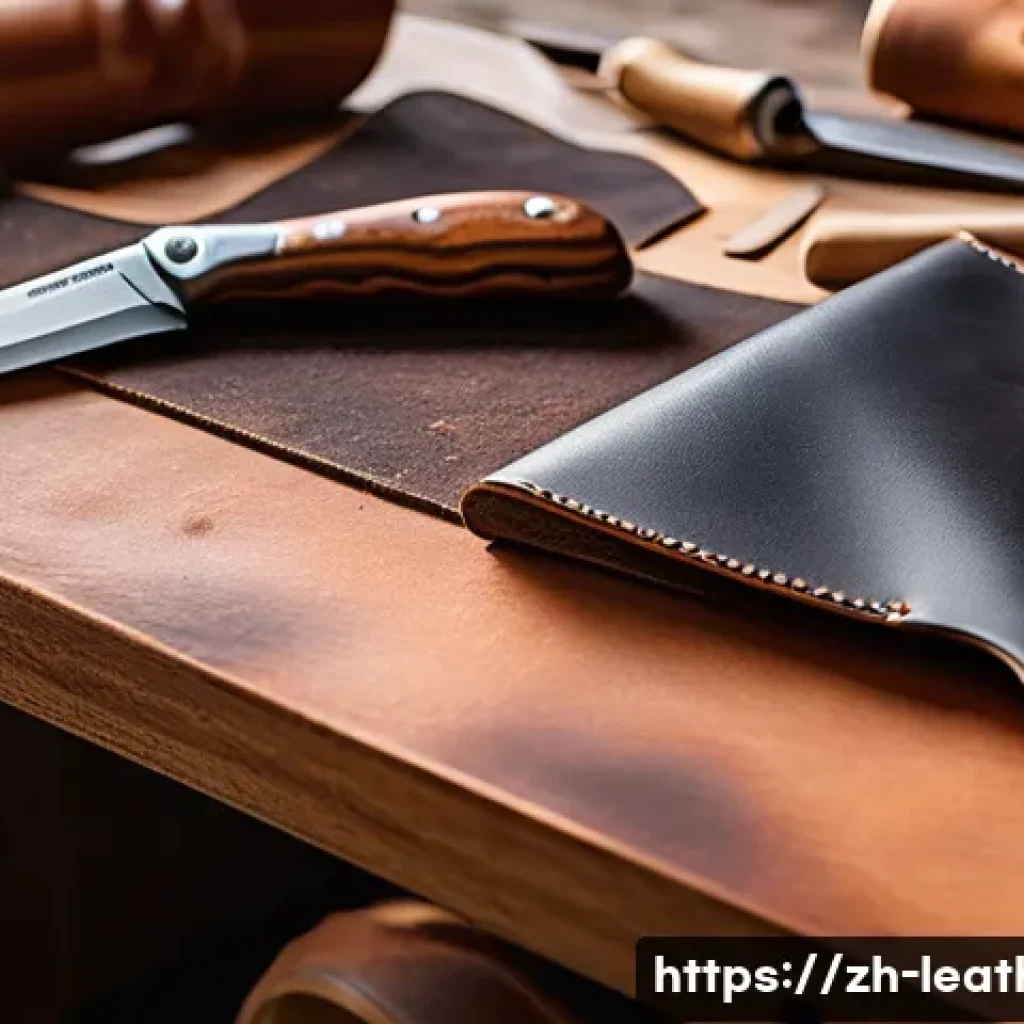 가죽공예 입문서와 참고서 - A detailed close-up of premium leather crafting tools arranged neatly on a wooden workbench, includi...