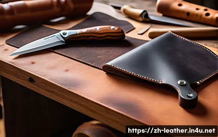 가죽공예 입문서와 참고서 - A detailed close-up of premium leather crafting tools arranged neatly on a wooden workbench, includi...