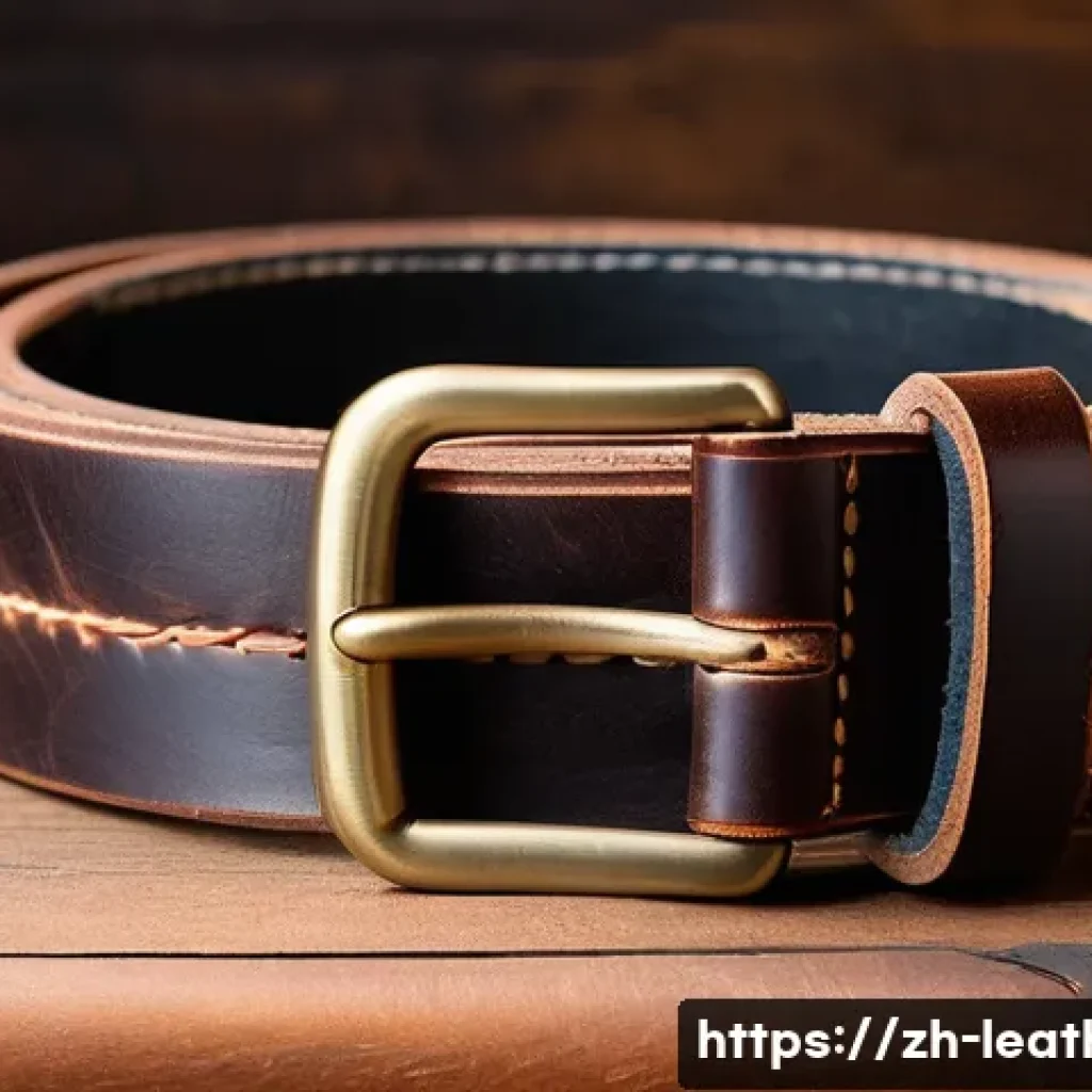 가죽공예 스티치 패턴 - A close-up image of a handcrafted vintage leather belt featuring thick, dark brown waxed thread sewn...
