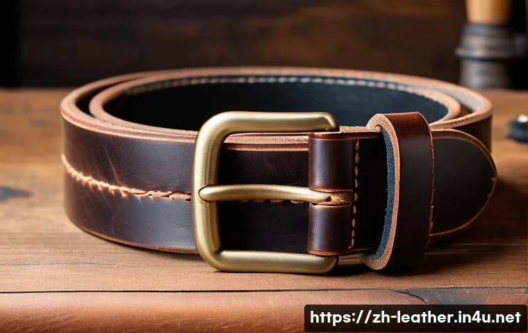 가죽공예 스티치 패턴 - A close-up image of a handcrafted vintage leather belt featuring thick, dark brown waxed thread sewn...