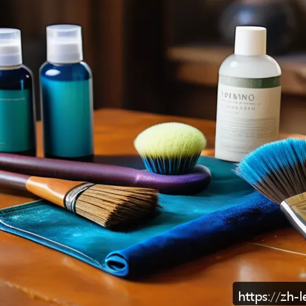 가죽공예 염료와 착색 - A high-resolution close-up image of a leather artisan’s workspace featuring various dyeing tools: so...
