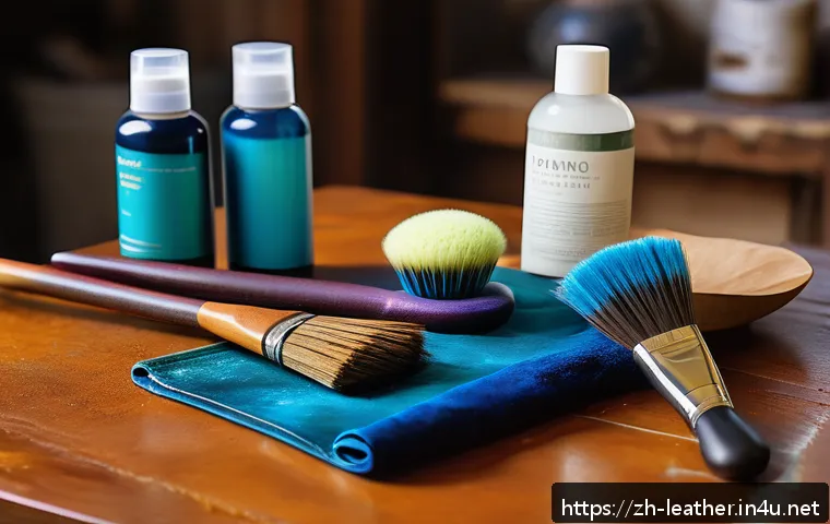 가죽공예 염료와 착색 - A high-resolution close-up image of a leather artisan’s workspace featuring various dyeing tools: so...