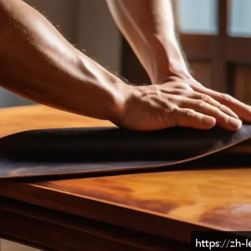 가죽공예 테두리 작업 - A close-up shot of a leather edge being hand-polished with a soft polishing cloth, showcasing the sm...