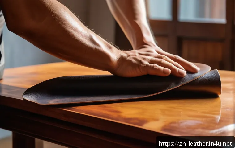 가죽공예 테두리 작업 - A close-up shot of a leather edge being hand-polished with a soft polishing cloth, showcasing the sm...