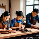 가죽공예 오프라인 vs 온라인 수업 - A cozy leather crafting classroom scene with a diverse group of focused students and a skilled instr...