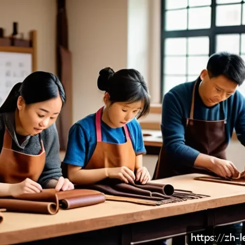 가죽공예 오프라인 vs 온라인 수업 - A cozy leather crafting classroom scene with a diverse group of focused students and a skilled instr...