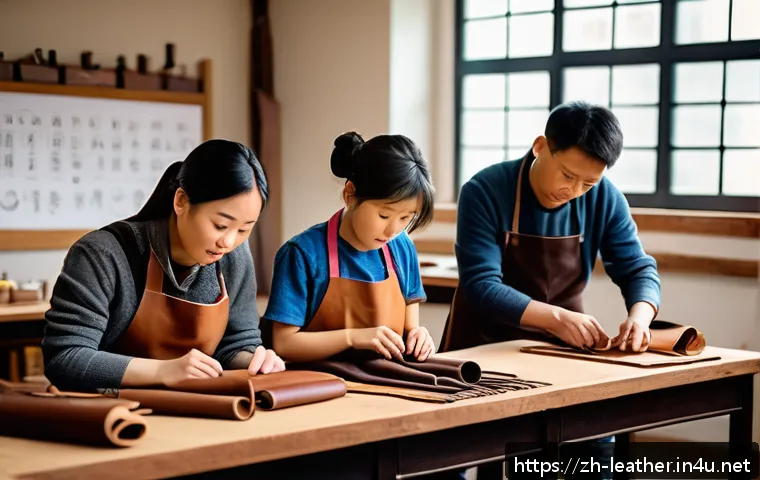 가죽공예 오프라인 vs 온라인 수업 - A cozy leather crafting classroom scene with a diverse group of focused students and a skilled instr...