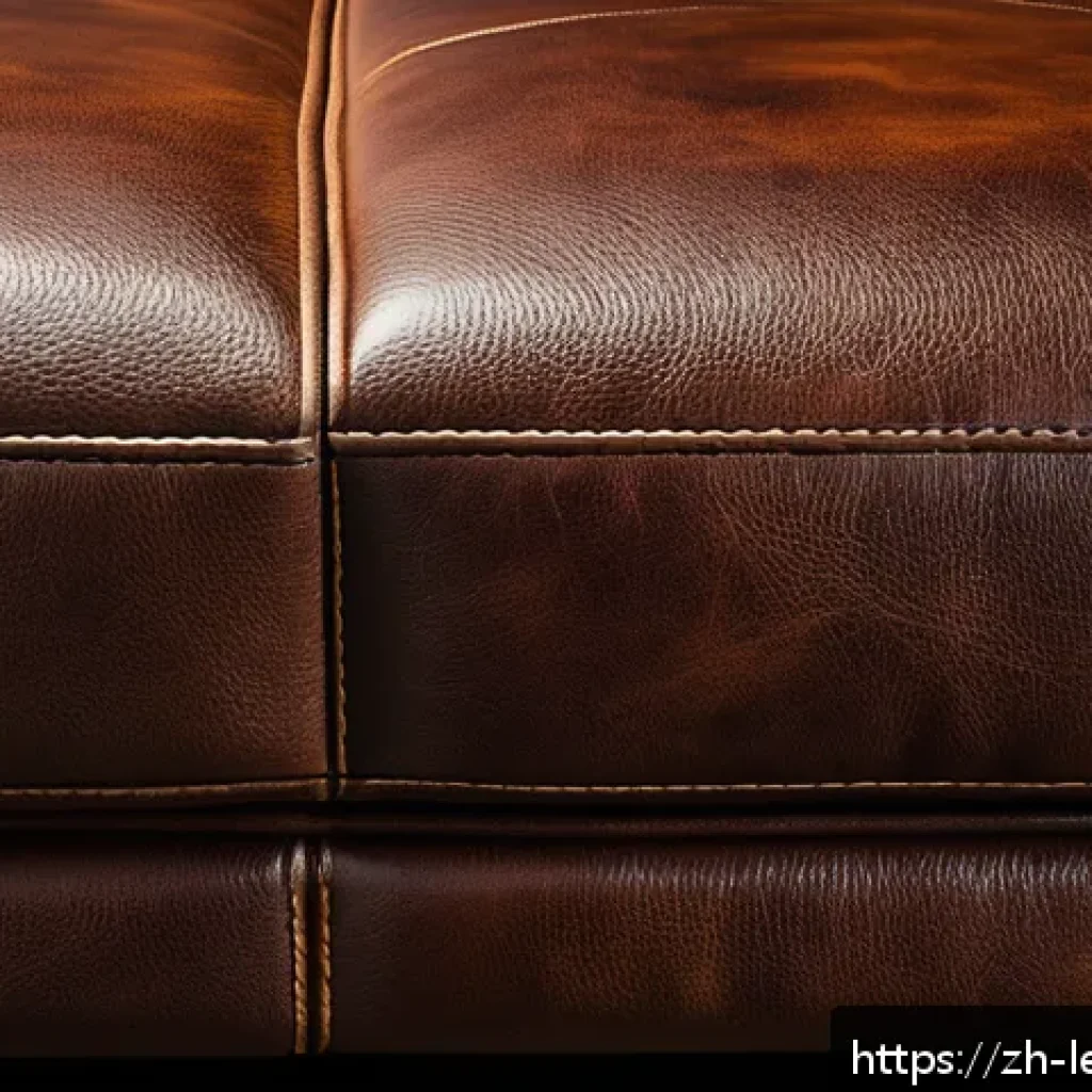 가죽공예 스크래치 처리 - A close-up view of a high-quality genuine leather sofa showing various types of scratches: shallow s...