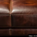 가죽공예 스크래치 처리 - A close-up view of a high-quality genuine leather sofa showing various types of scratches: shallow s...