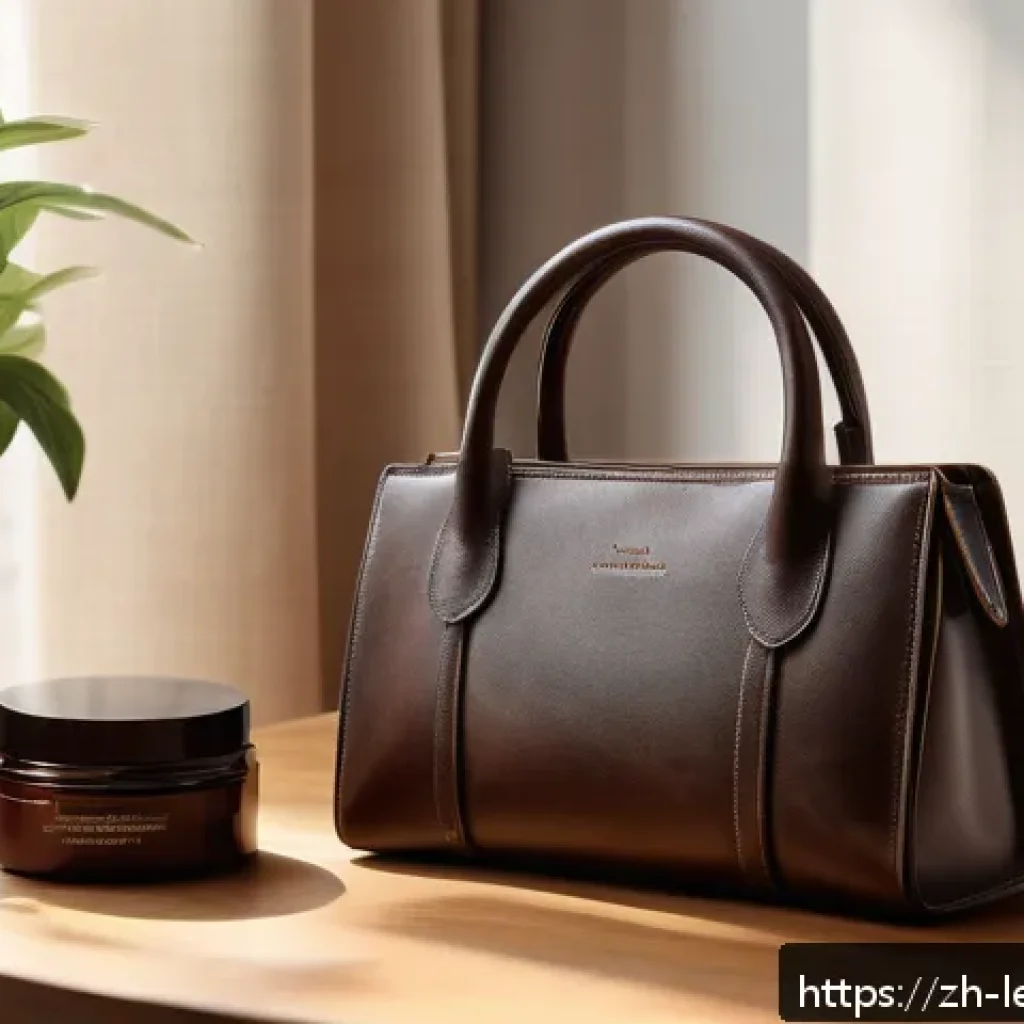 가죽공예 세탁과 유지보수 - A cozy, well-lit room showcasing a detailed close-up of a leather handbag on a wooden table, surroun...