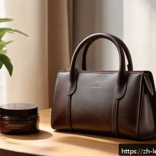가죽공예 세탁과 유지보수 - A cozy, well-lit room showcasing a detailed close-up of a leather handbag on a wooden table, surroun...