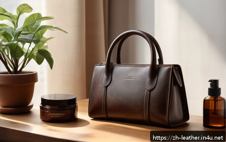 가죽공예 세탁과 유지보수 - A cozy, well-lit room showcasing a detailed close-up of a leather handbag on a wooden table, surroun...