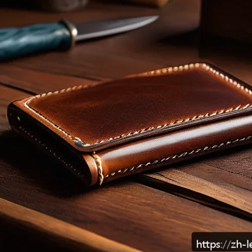가죽공예 중급 기술 배우기 - A high-end handcrafted leather wallet made from natural grain top-layer cowhide, showing a soft, wor...