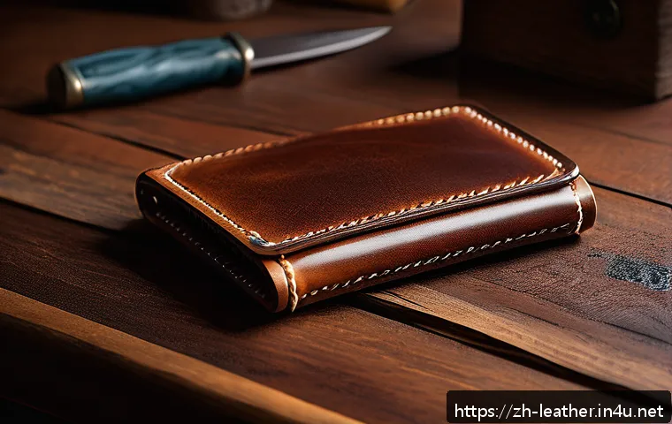 가죽공예 중급 기술 배우기 - A high-end handcrafted leather wallet made from natural grain top-layer cowhide, showing a soft, wor...