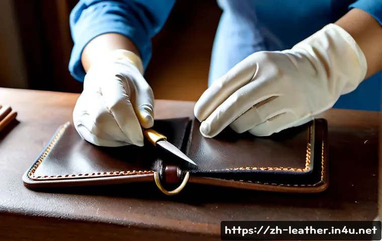 가죽공예 표면 처리 및 마감 - Photorealistic close-up of a leathercraft workstation, skilled hands wearing clean cotton gloves app...